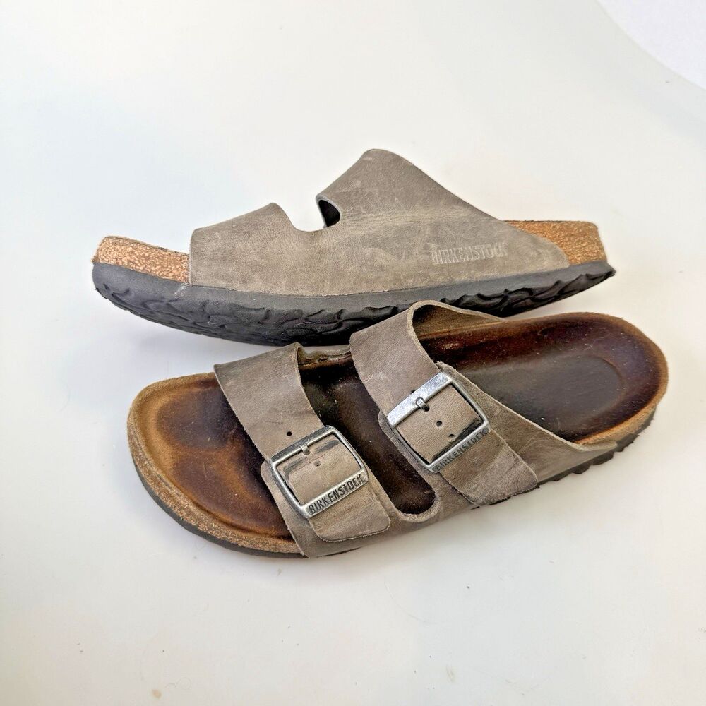 Birkenstock Arizona Women Sz 39 US 8-8.5 Gray Leather 2-Strap Slide Sandal GUC